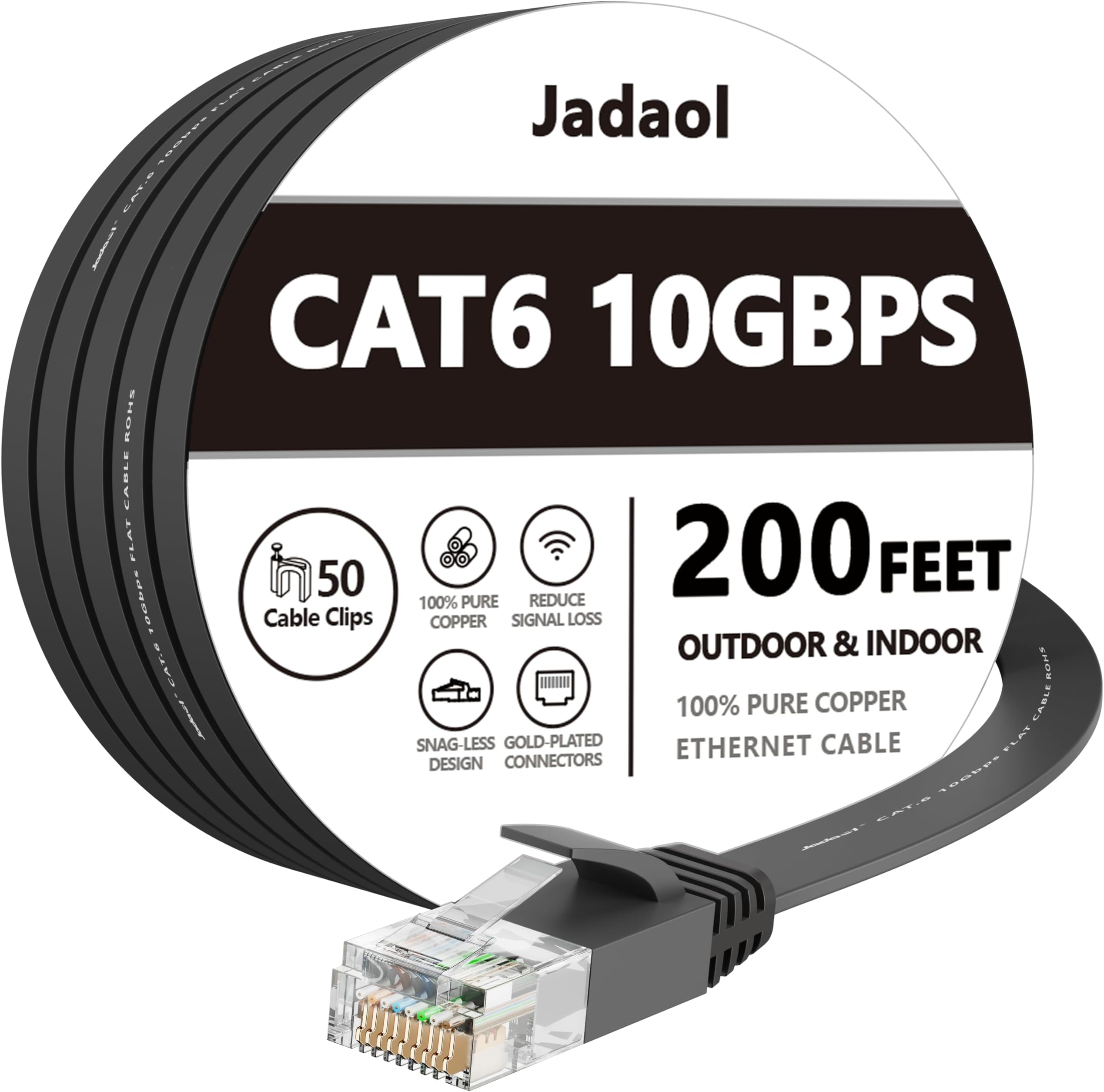 Cat 6 Ethernet Cable 200 Ft, Outdoor&Indoor, 10Gbps Support Cat7 Network, Slim long Flat Internet LAN Patch Cord, Cat6 Solid High Speed weatherproof Cable for Router, Modem, PS4/5, Xbox, Gaming, Black