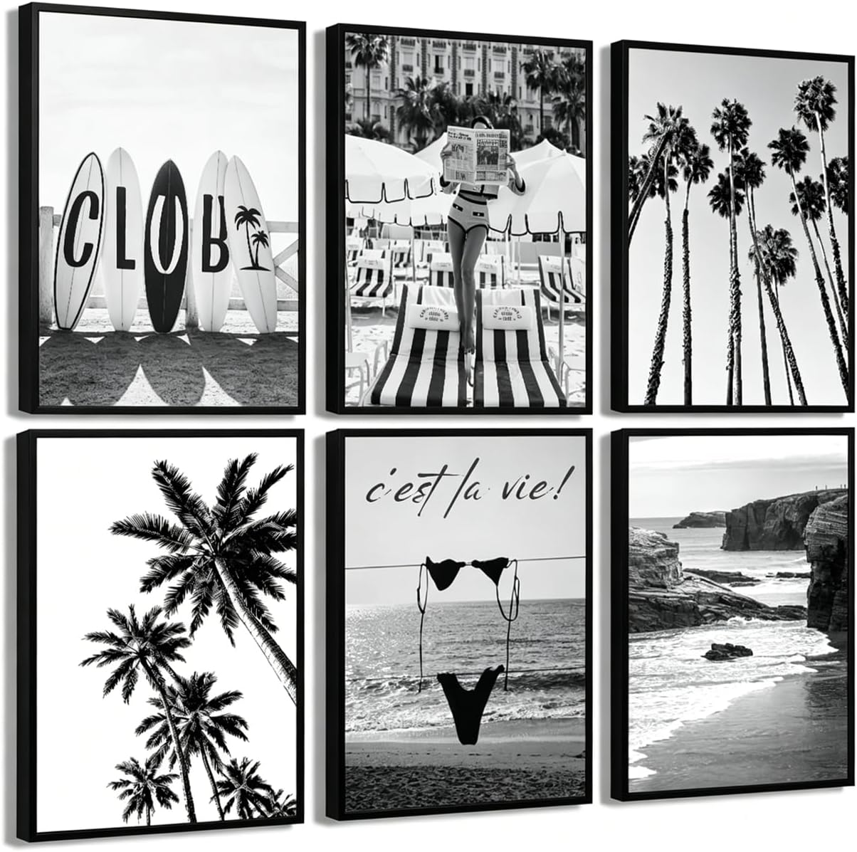 6Pcs Black and White Beach Surfing Canvas Wall Art, Coastal Palm Tree Posters Painting Pictures Wall Decor, Minimalist Aesthetic Poster Prints Artwork for Home Decoration 12x16in Unframed