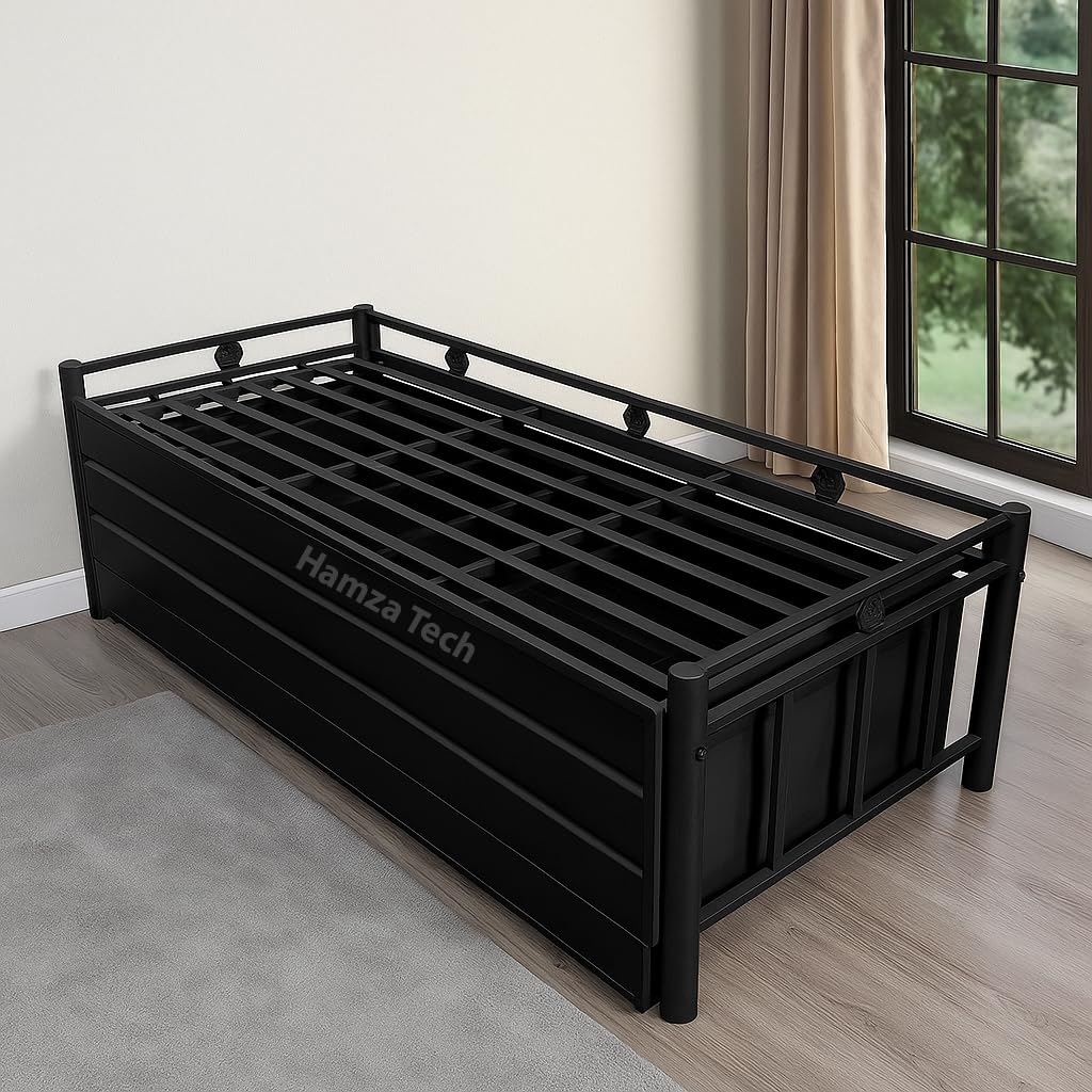 Metal Diwan Bed with Pull-Out Storage Trolley – Convertible Sofa Bed for Living Room & Bedroom – Single to Queen Size for Adults & Kids Without Mattress (Black, 2.5 x 6 Feet)-image-10