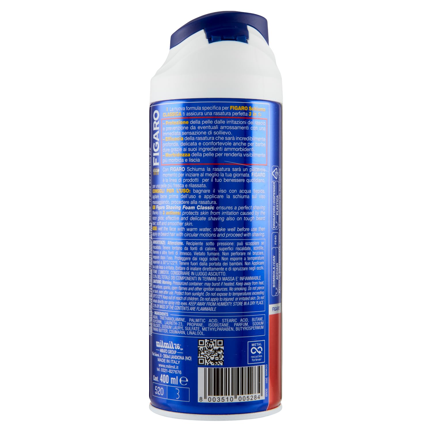 Figaro Schiuma da Barba Original Classic - 12 espumas de afeitar para afeitarse frecuentemente, 400 ml + llavero Beni Culinari gratuito