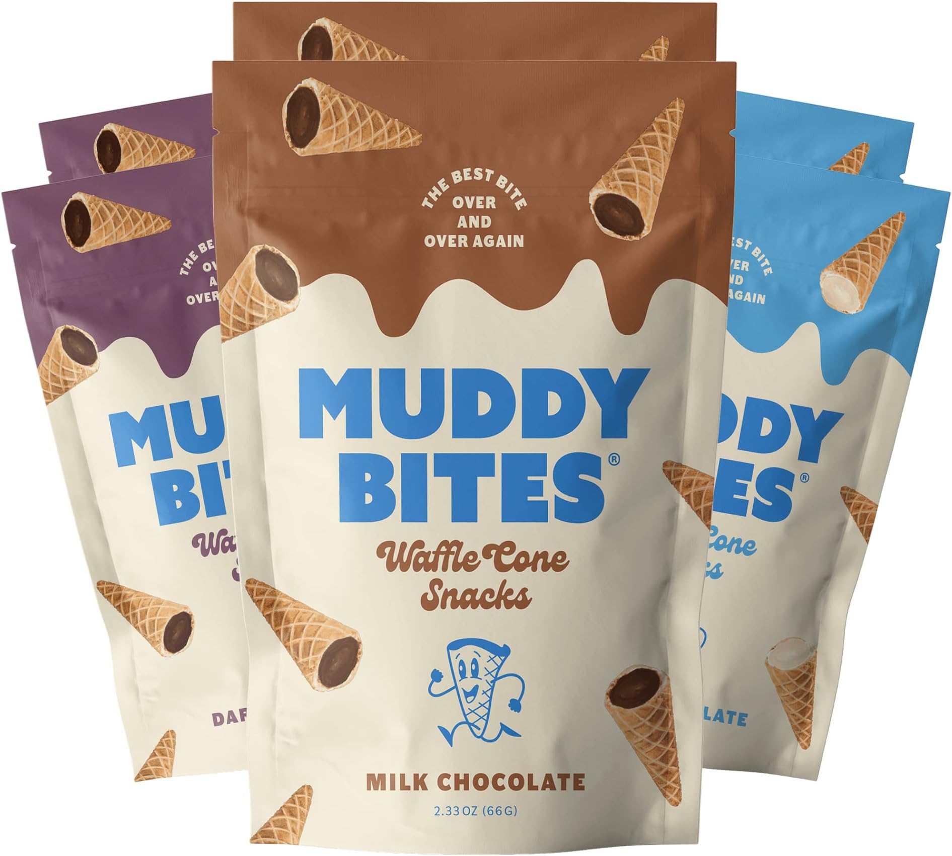 Muddy Bites Waffle Cone Snacks Chocolate Filled Bite Sized Cones (Variety Pack, 6 Bags)