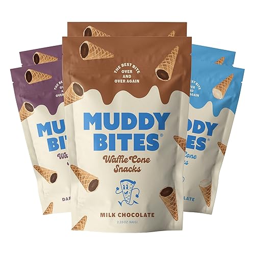 Muddy Bites - Pasabocas rellenos de chocolate en forma de miniconos de gofre para helado chocolate oscuro 5 bolsas Muddy Bites - Pasabocas rellenos de chocolate en forma de miniconos de gofre para helado chocolate oscuro 5 bolsas