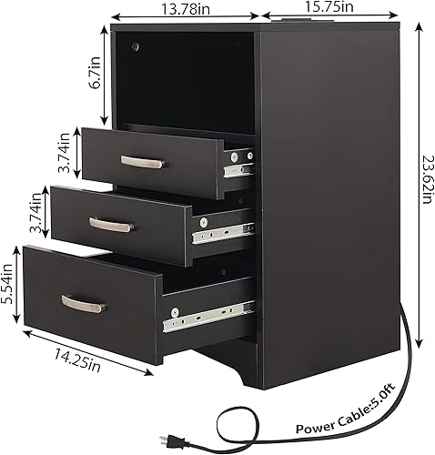 Miniatura 3 de Mesita de noche negra con 3 cajones con estación de carga, mesa auxiliar con almacenamiento abierto, mesita de noche, armario de almacenamiento para