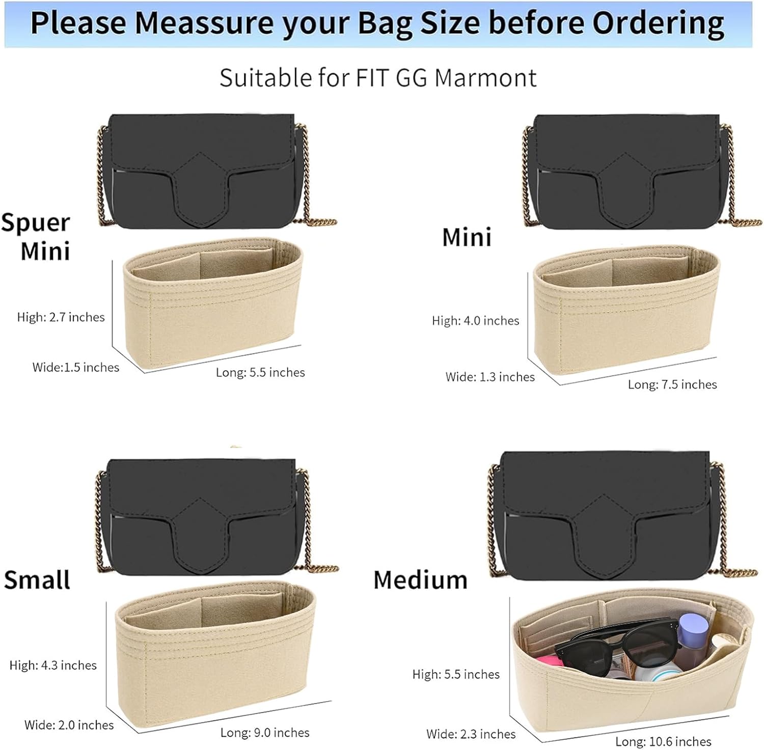 Felt Insert Purse Organizer Fit GG Marmont Matelasse Shoulder Bag, Organizer Handbag Tote Liner Pouch for Women Small Shoulder Bag (Super Mini, Beige) - Image 2