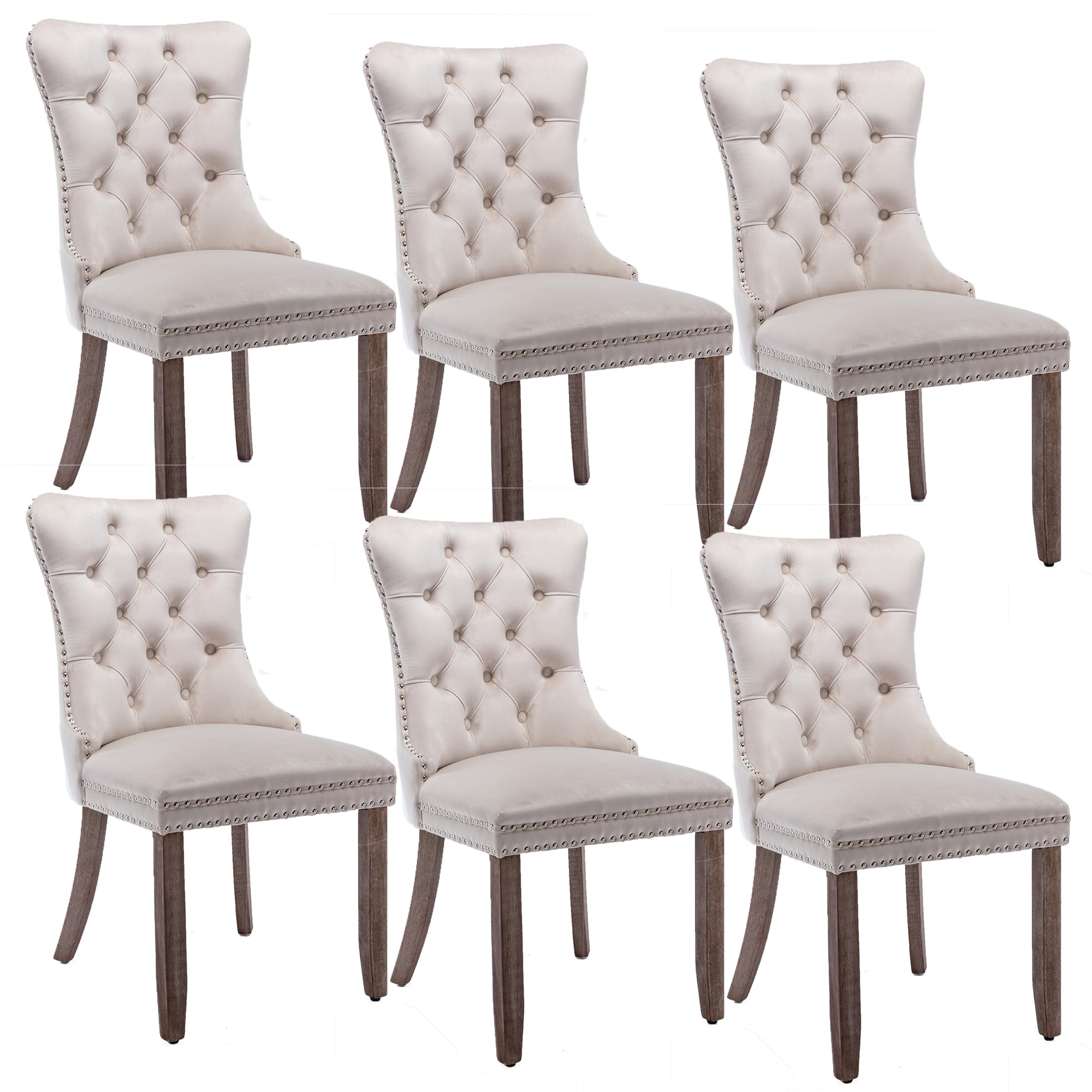 Rhomtree Set of 6 Velvet Fabric Dining Chairs Luxury Tufted Back with Nailed Trim and Back Ring Pull Home Kitchen Dining Room Chairs Armless Side