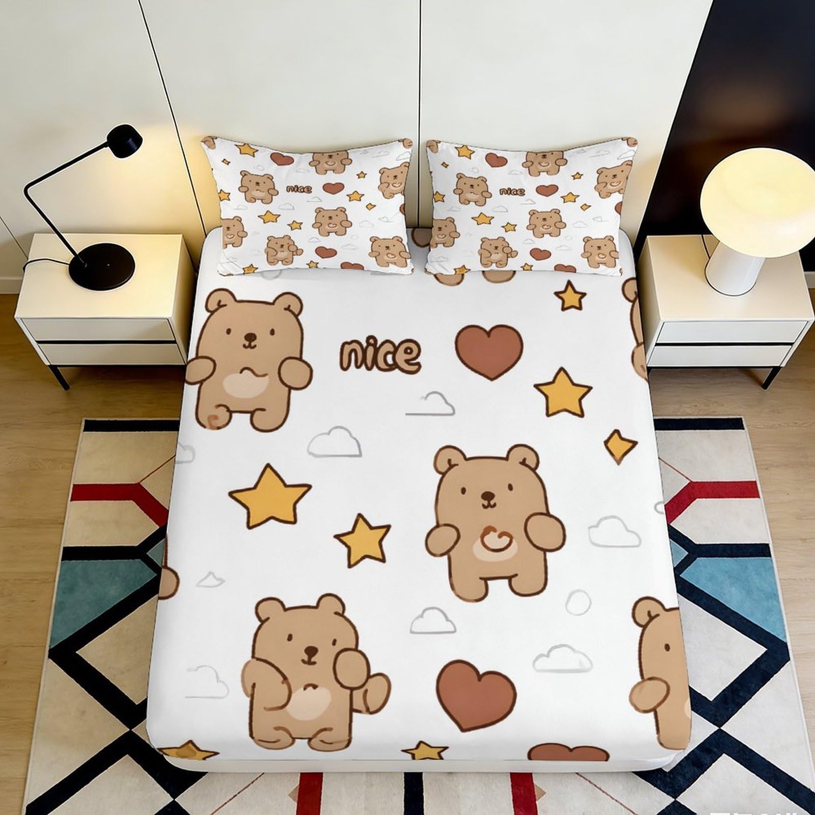 Decorative Bear Fitted Sheet 3D Printed Soft Touch Microfiber Bed Cover for Bedroom Guest Room Bedding, Wrinkle Resistant, Easy Care, 110 characters 90x200x25cm