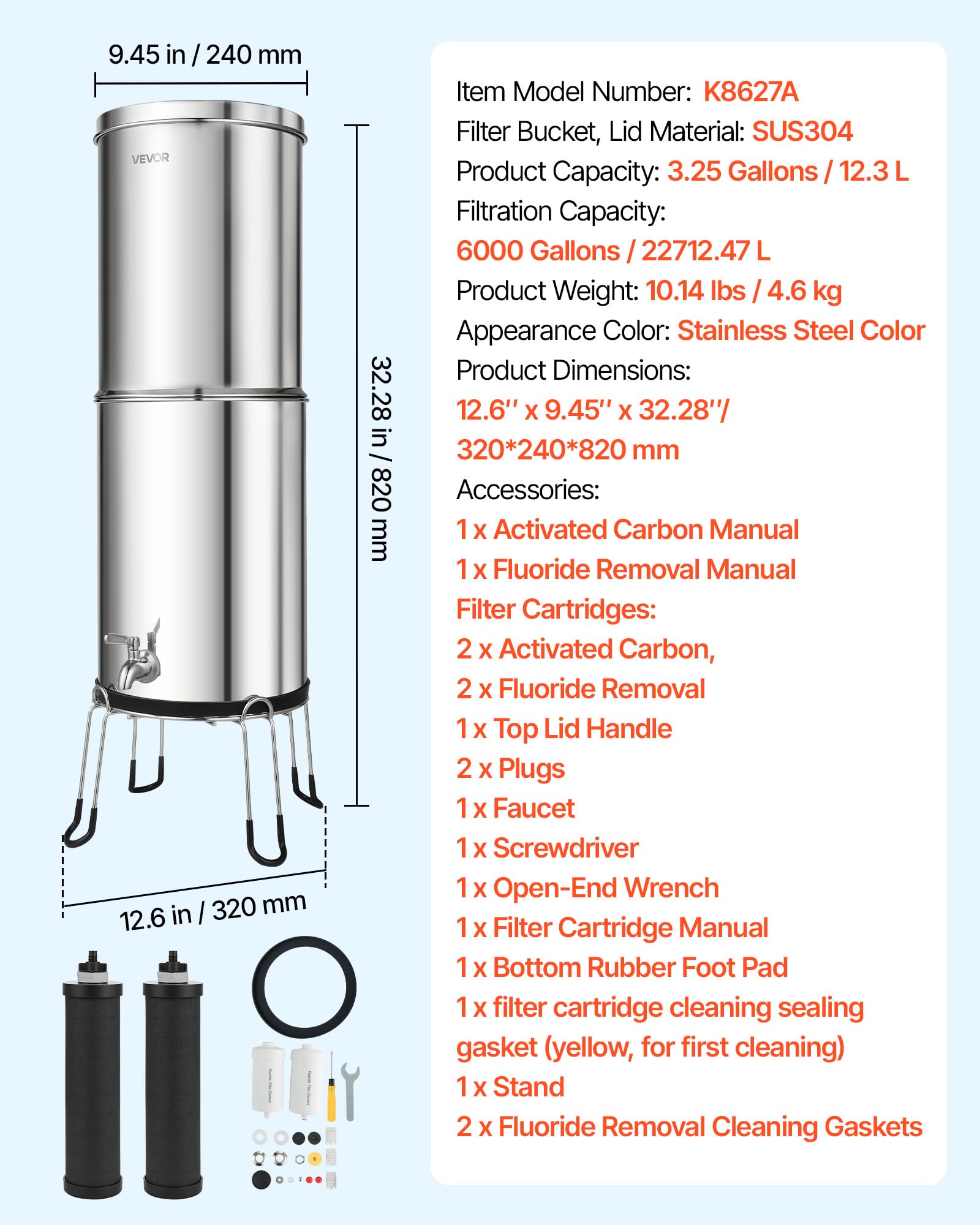 VEVOR Sistema de Filtración de Agua por Gravedad 12,3 L Acero Inoxidable, Reduce el Plomo y Hasta 99% del Cloro, Con 2 Filtros de Carbón y 2 Filtros Desfluorantes, Con Grifo y Soporte, Para Encimera