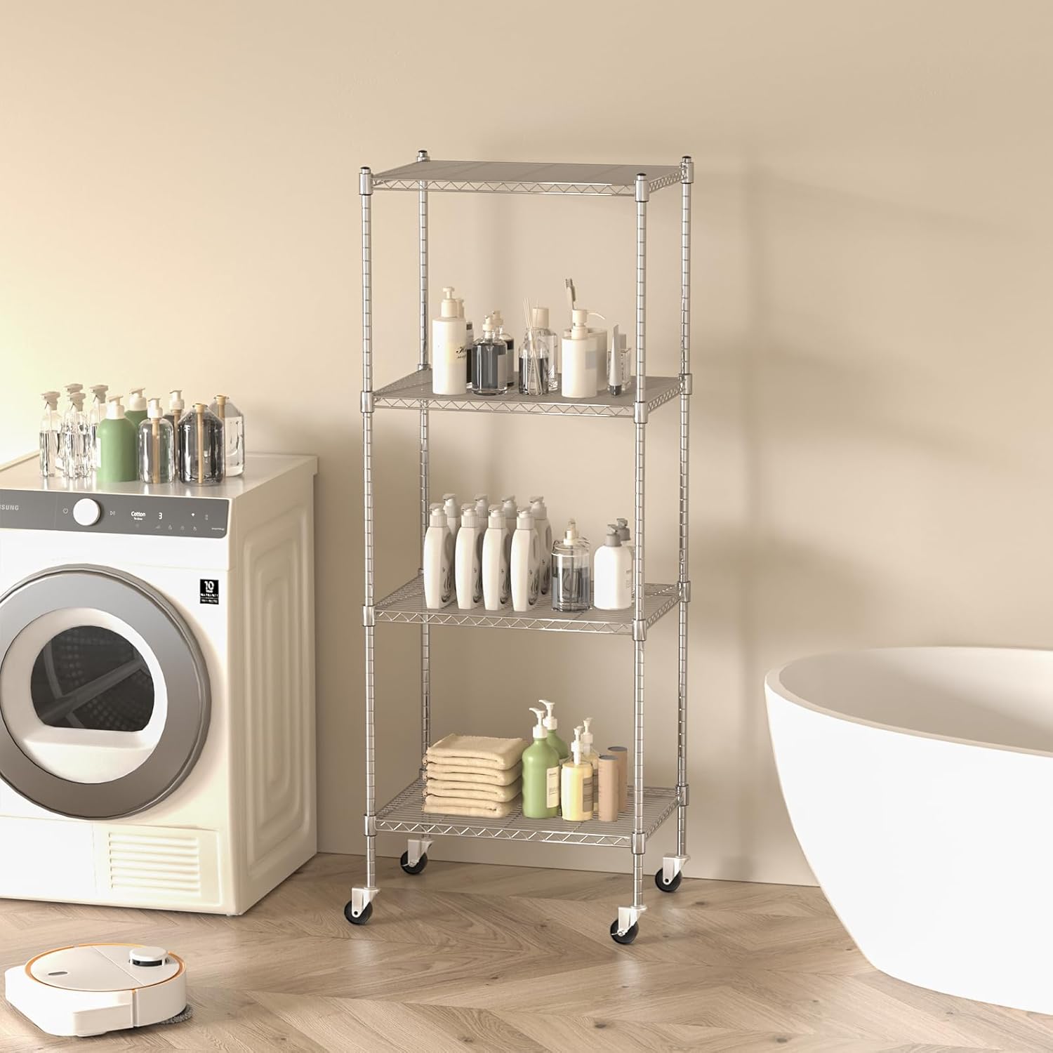 Garage Shelving with Wheels, 4 Tier Shelving Unit and Adjustable Feet, 865 lb High Capacity Rolling Storage Shelf for Kitchen, Office, Dining Room, Garage, Chrome Chrome 4-Tier with Wheels