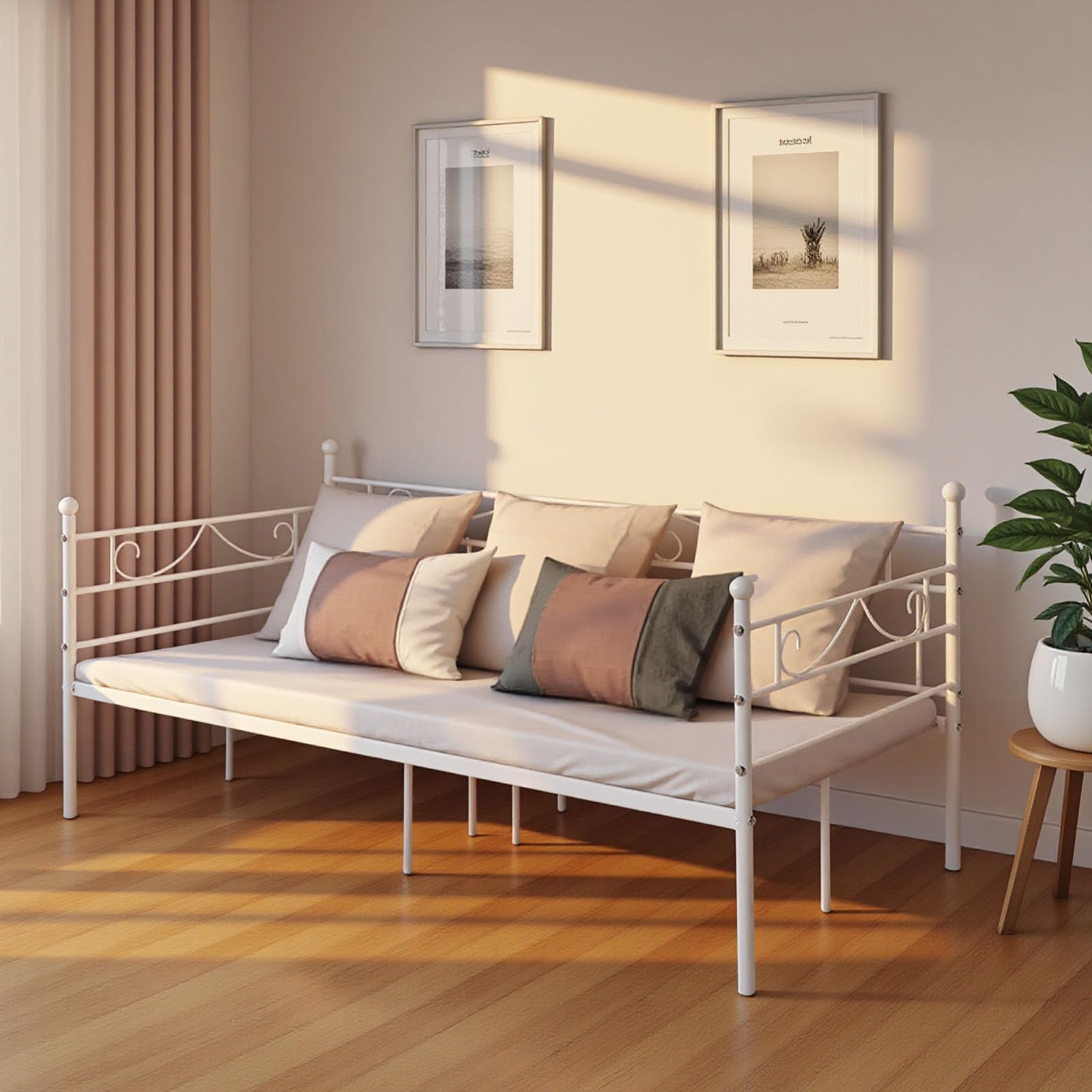 buybyroom 90 x 190cm Day Bed Frame, Single Bed with Headboard and Slatted Frame Single Bed Sofa Bed for Bedroom Living Room Guest Room, White-Style 2