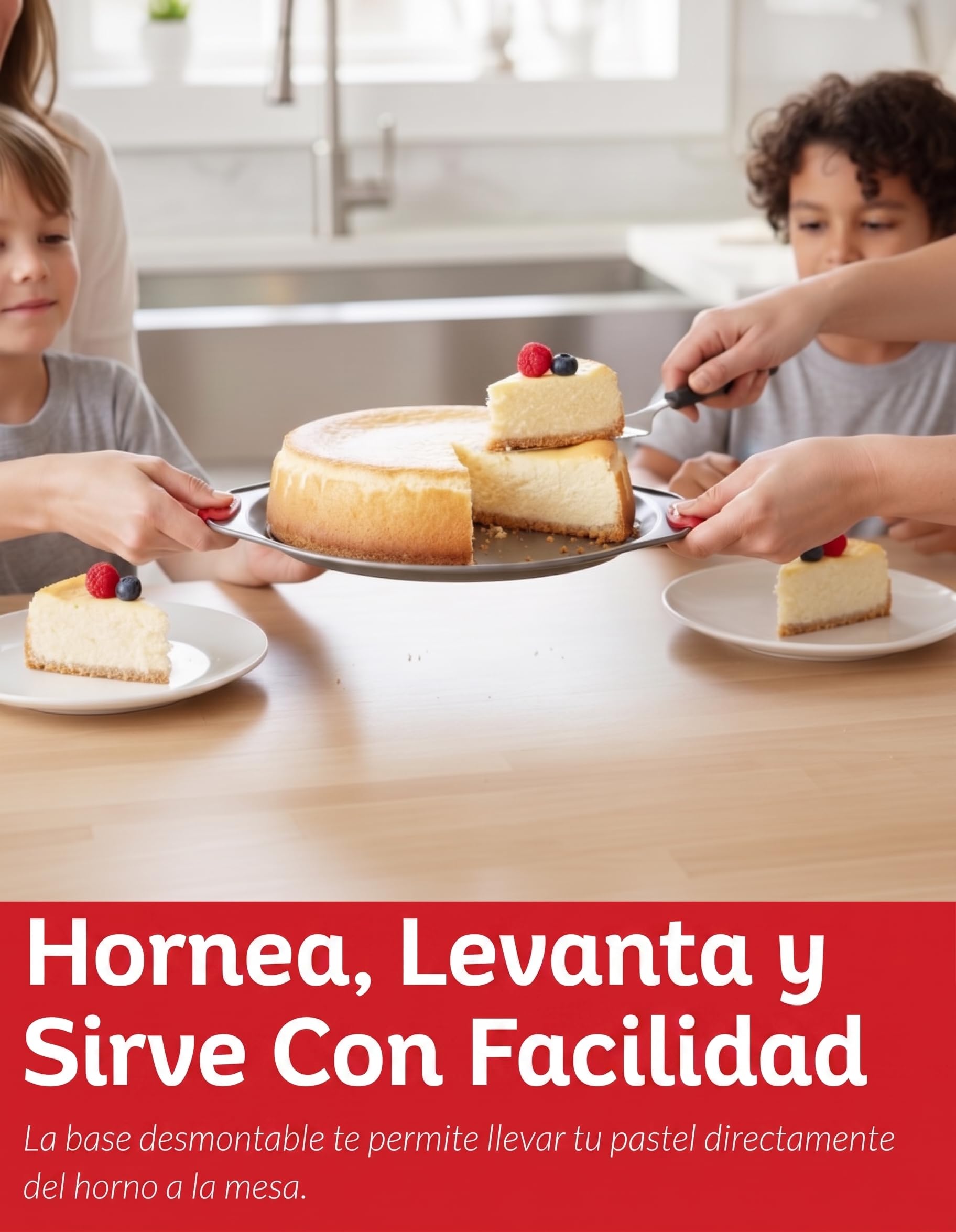 Molde Tarta Queso Desmontable Antiadherente 26 cm Redondo con Base Extraible - Molde Springform Profesional de Acero al Carbono con Cierre Hermetico y Asas de Silicona Roja - Boxiki Kitchen