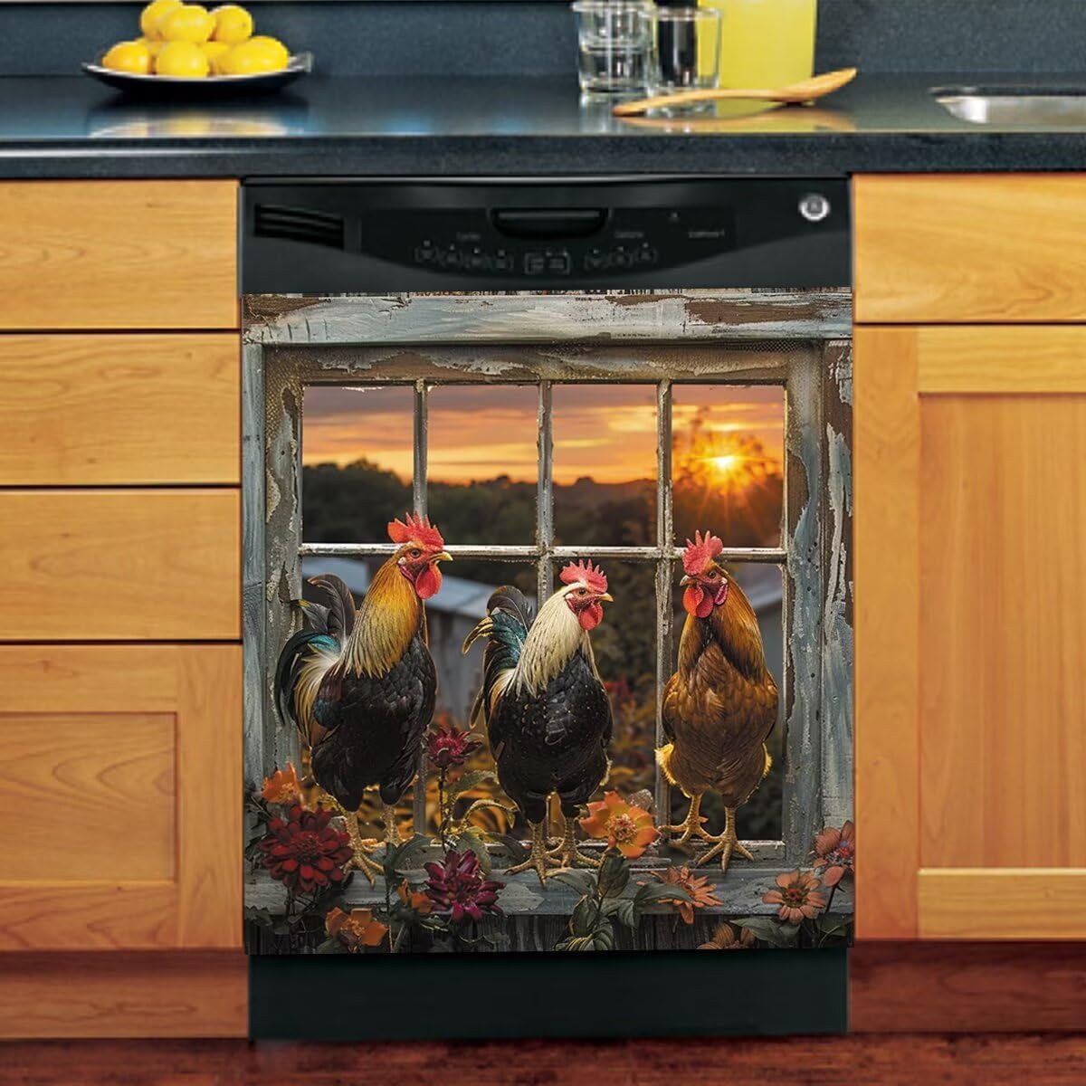 Country Rooster Dishwasher Magnet Cover,Farm Chicken Magnet Dishwasher Covers for The Front,Dishwasher Door Panel Magnetic Cover Home Appliance Sticker Farmhouse Fridge Decal 23"x 26"