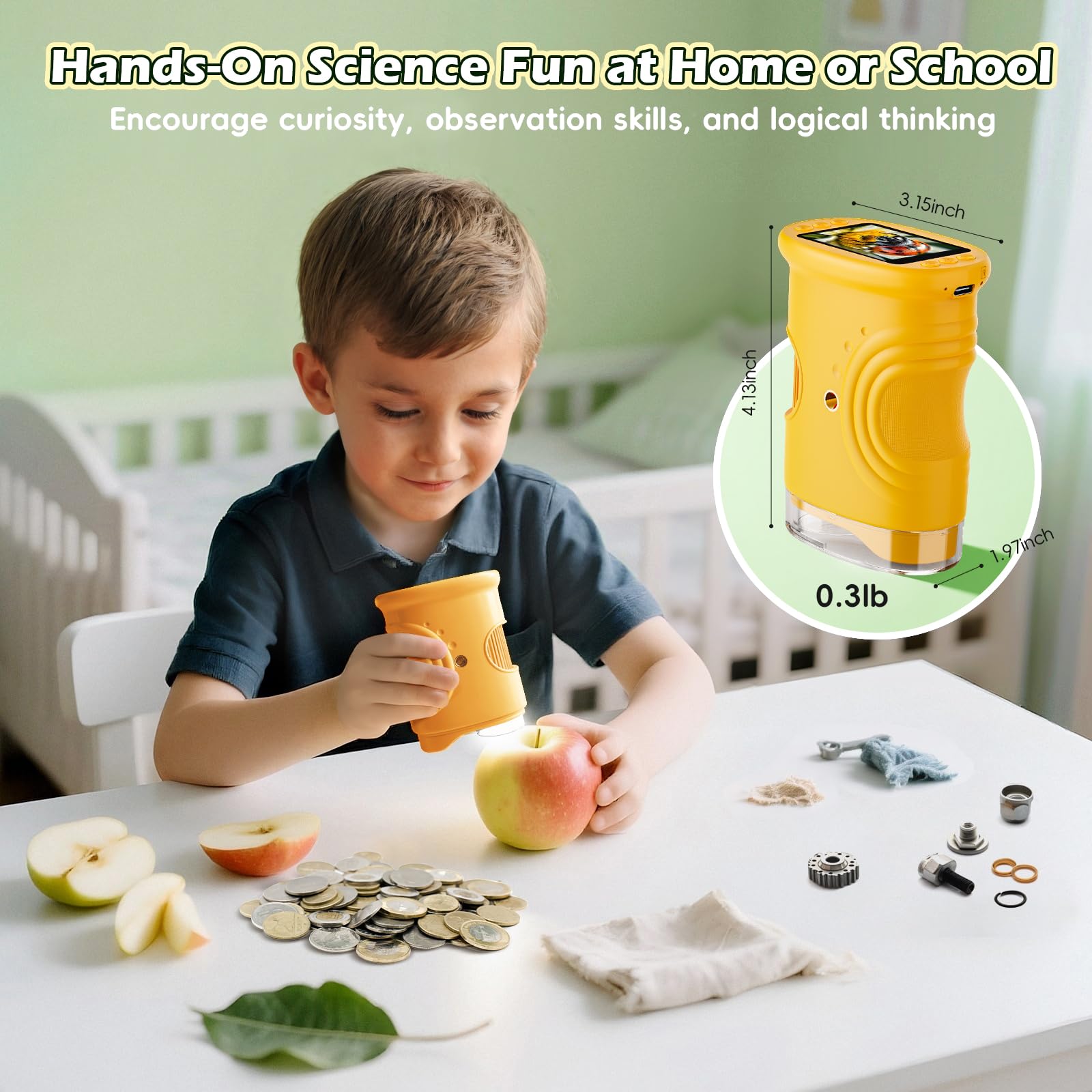 Microscopio para niños 1000X Digital, Microscopio portátil para niños, pantalla HD, grabación de video, miniscopio portátil, juguetes STEM, regalos de cumpleaños para niños de 3, 4, 5, 6, 7, 8 8
