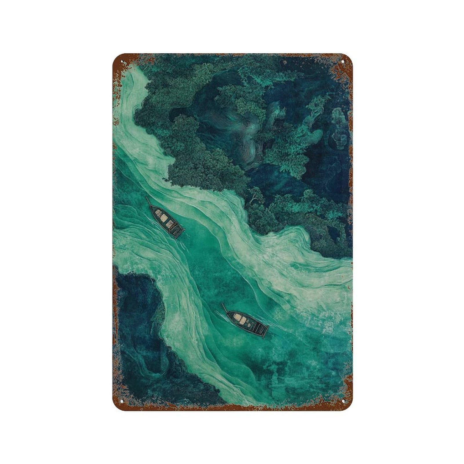 xiaoxiaoshen Aerial River Landscape Boats on Water Tranquil Waterway Serene Asian Traditional Wall Decor Art Metal Tin Poster Modern Home Decor Art Home Bar Shop Decorations Vintage Sign 30x20cm