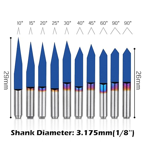 Miniatura 3 de Genmitsu Juego de 10 brocas para enrutador CNC de vástago en V de 18 pulgadas, 1015202530404560909090 grados, Nano Blue Coat Cónica V-Bit,