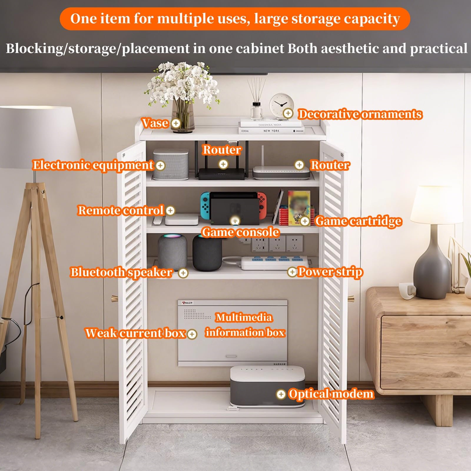 FORRTY WLAN-Router Aufbewahrungsschrank Mit Türen, Stehende Routerbox for Modem, Kabelmanagement & Steckdosen-Organizer, Elektronik Schrank for Wohnzimmer, Schlafzimmer Oder Flur(Schwarz,S 59X67CM(23.