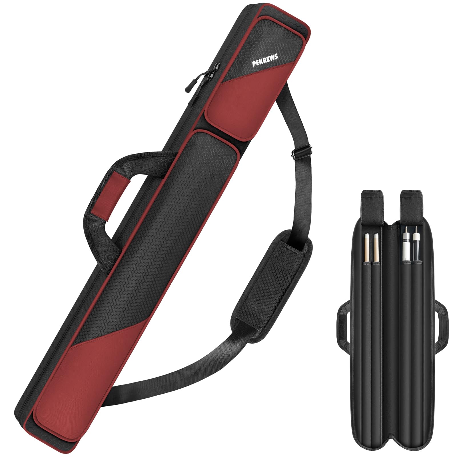 PEKREWS Pool Cue Case 2x2, Pool Stick Bag for 2 Sticks with 2 Zipper Accessory Pockets, Sturdy Polyester Pool Cue Carry Bag with Shoulder Strap, Soft Billiard Cue Backpack for