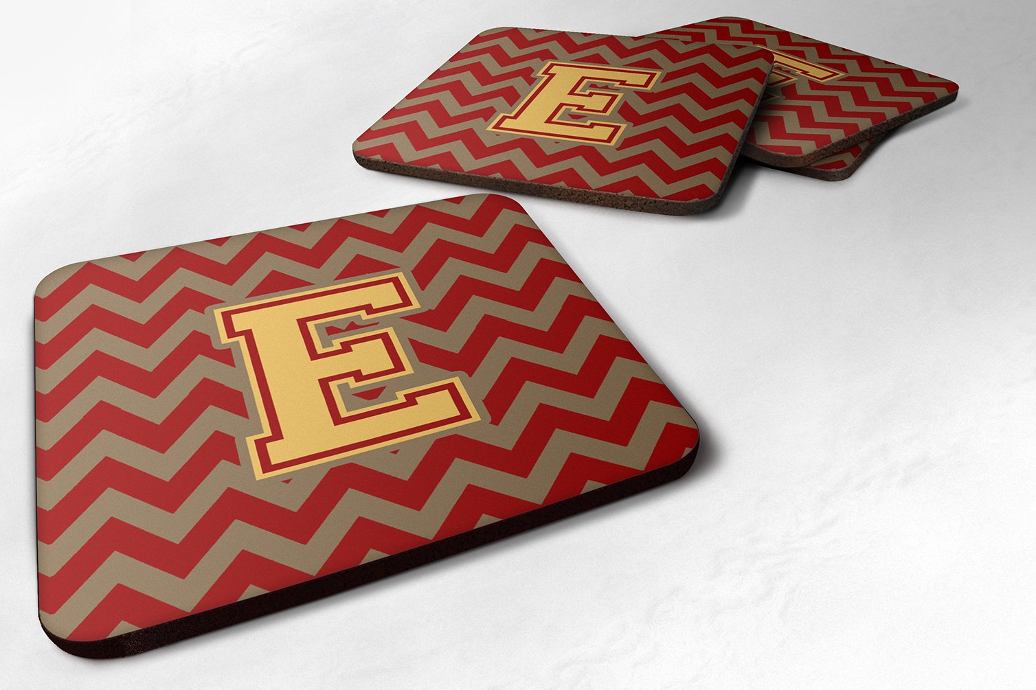 Caroline's Treasures CJ1048-EFC Letter E Chevron Garnet and Gold Foam Coaster Set of 4 Set of 4 Cup Coasters for Indoor Outdoor, Tabletop Protection, Anti Slip, Mouse pad Material