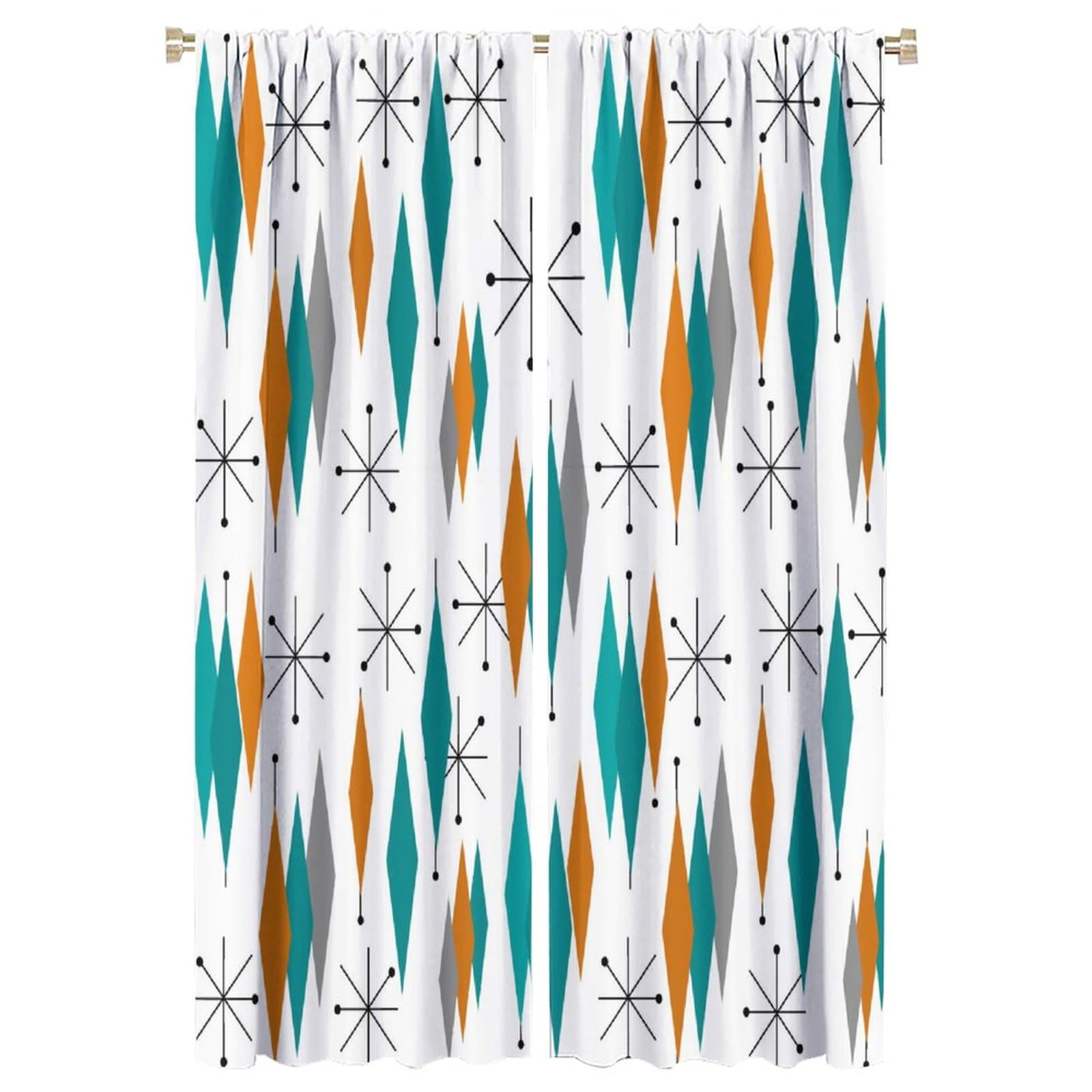 Retro Abstract Black Stripe Window Curtain Turquoise Orange Modern Geometric Fabric Privacy Protection Drapes Kitchen Cafe Bedroom Dining Room Living