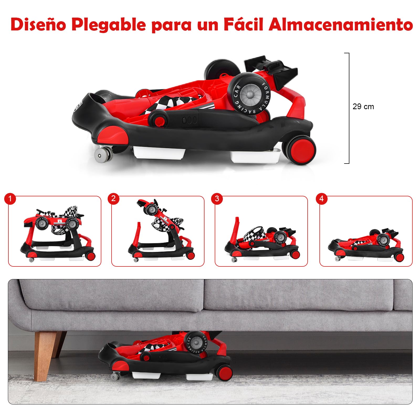 GOPLUS Andador Bebes 4 en 1, Andador Plegable con Altura Ajustable en 3 Niveles, Ruedas de Velocidad Regulable y Cojín Extraíble, Tacatá para Bebé 6-18 Meses con Luces, Música y Volante (Rojo) — view 6