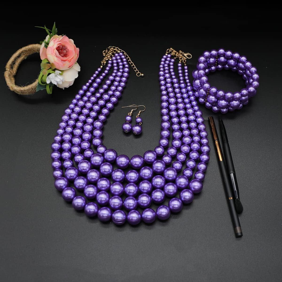 Big Faux Pearl Necklace for Women Large Pearls Choker Necklaces Chunky Pearl Necklace and Earrings Set 1920s Costume Pearl Jewelry - Image 3