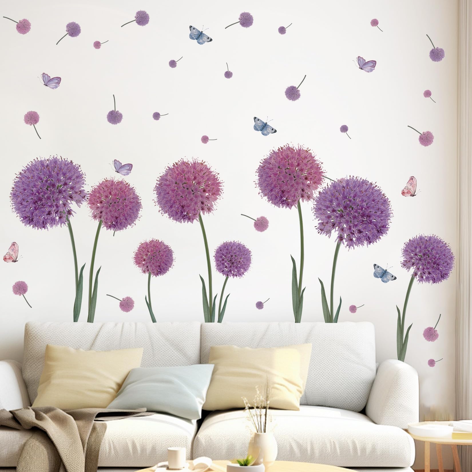 KAIRNE Wandtattoo Pusteblume,Blumen Wandtattoo für Kinderzimmer Mädchen,Lila Löwenzahn Wandsticker für Schlafzimmer,Schmetterlinge Blumen Wandaufkleber für Wohnzimmer Babyzimmer Fenster Tür Wanddeko
