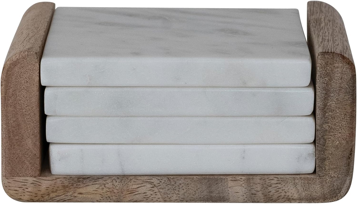 Creative Co-Op 4 pcs Square Marble Coasters with Mango Wood Holder, White and Natural