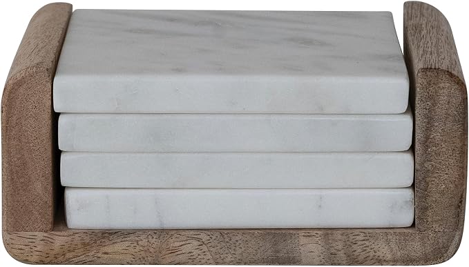 Creative Co-Op 4 pcs Square Marble Coasters with Mango Wood Holder, White and Natural