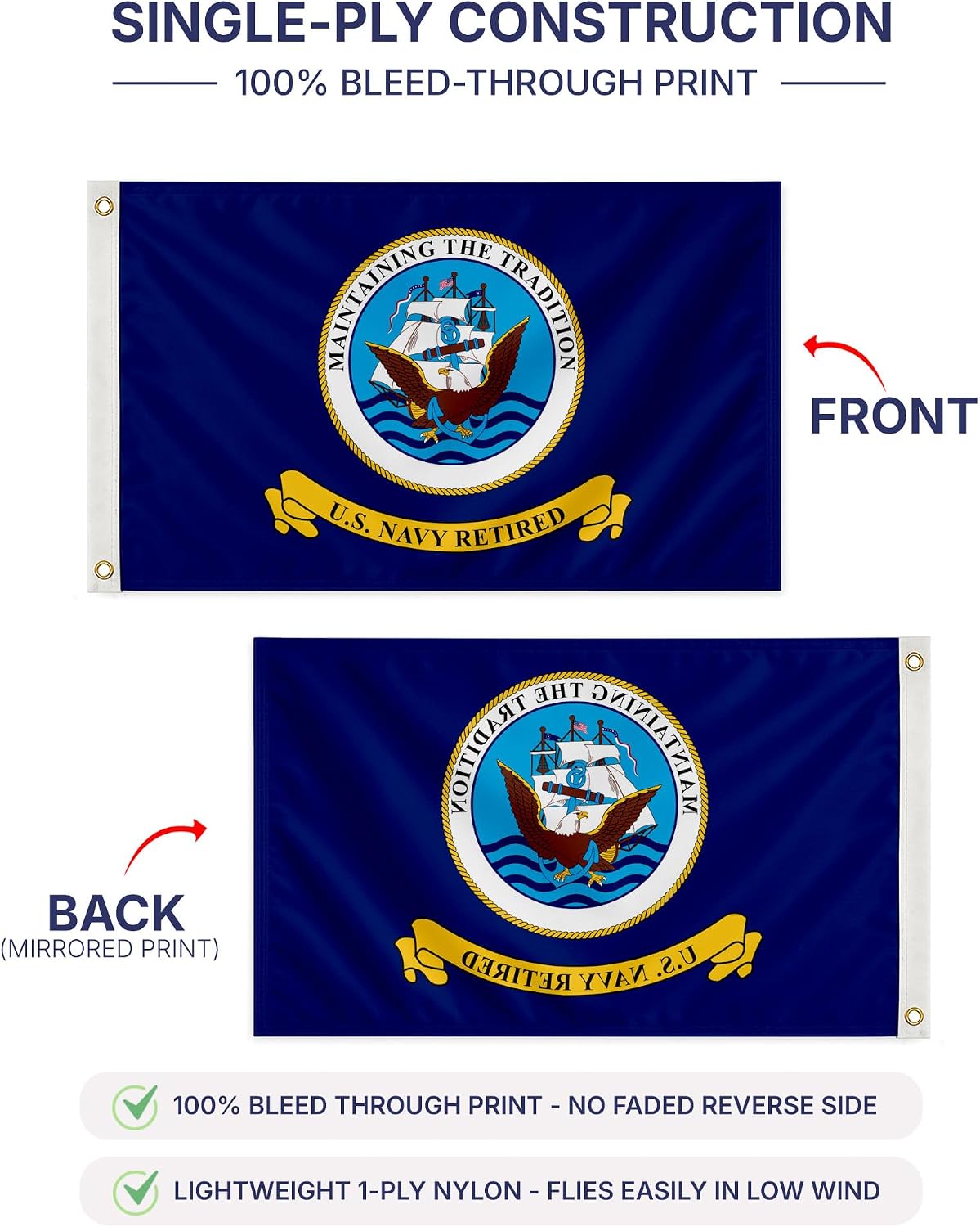 AGAS United States Navy Retired Military Flag 2x3 Ft - Printed 200 Denier Nylon - Double Stitched Edges Canvas Header Brass Grommets - Indoor/Outdoor Retired Garden Flag