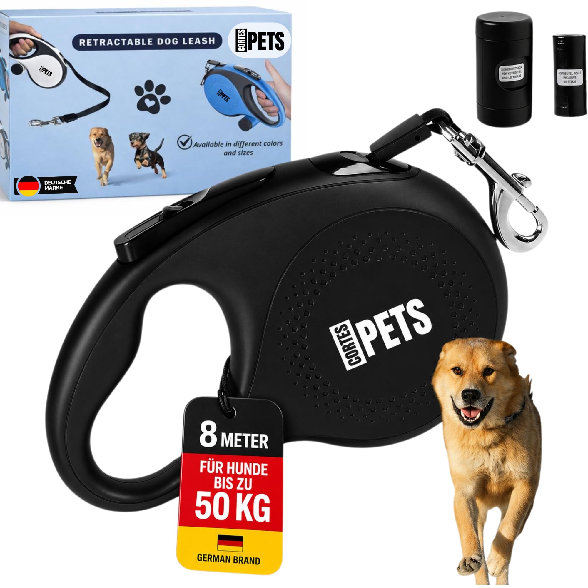 CORTES PETS extendable dog lead 8m with poop bag holder for large dogs & small dogs up to 50 kg. Strong dog lead, flexi leash, retractable dog leash 8 m with integrated waste bag holder. — image 1