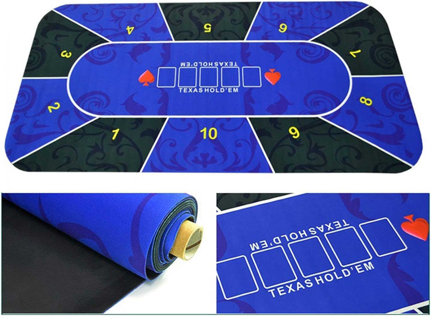 Mata do pokera - składana mata do gry w karty, profesjonalny składany blat stołu do pokera, blat stołu do blackjacka i pokera Texas Hold'em, 10-osobowy przenośny gumowy blat stołu do pokera(Blu)