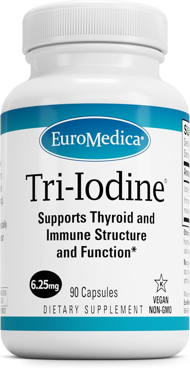 EuroMedica Tri-Iodine - Support Thyroid Health - Aids Hormone Balance with Molecular Iodine from Kelp - Features Potassium Iodide & Sodium Iodide - Brain & Energy Support - 6.25mg, 90 Capsules