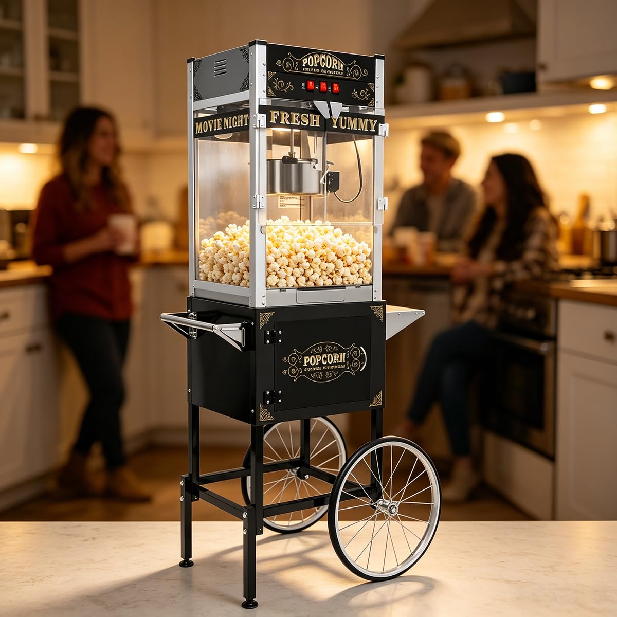 Commercial Popcorn Machine 24OZ with Cart - Stainless Steel Kettle Popper with Wheels, Warming Deck &amp; Tempered Glass, for Business, School, Corporate, Institutional, Theater, Home Use, Black
