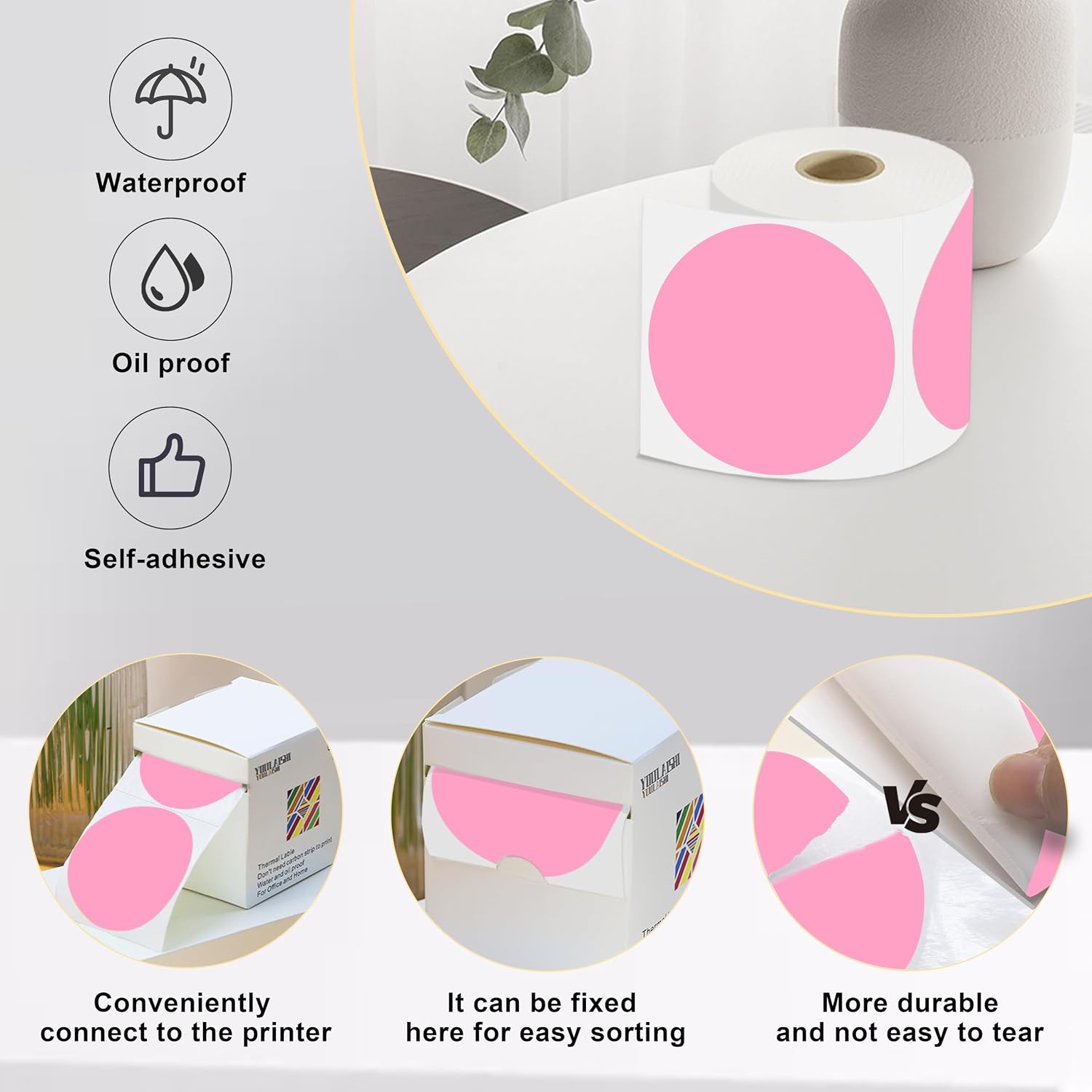 3 X 3 Inch Color Coding Dot Labels Circle Thermal Printable Waterproof 2000 Pcs Round Stickers Adhesive Writable for Office, Home, Garage, DIY Sticker, Barcodes, Name Tag, 4 Roll Pink