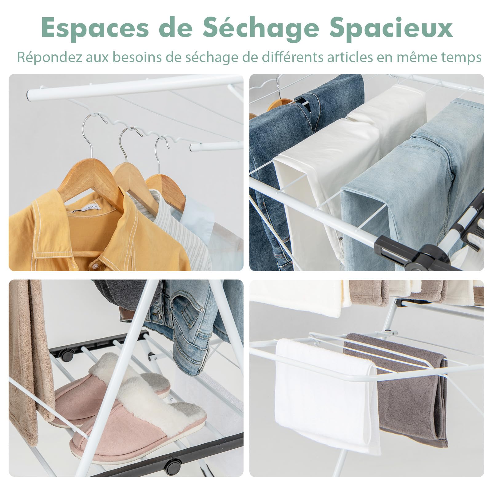 GIANTEX Étendoir à Linge Pliable à 2 Niveaux, Séchoir à Linge Pliable avec Ailes Réglables, Clips Utiles, Cadre Stable en Acier Inoxydable en Forme de ‘A’, Séchoir sur Pied pour Intérieur et Extérieur