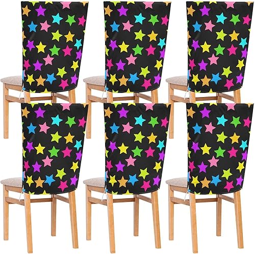 Juego de 6 fundas decorativas para sillas de comedor, color negro neón, diseño de estrellas coloridas, antipolvo, fáciles de poner y quitar, fundas