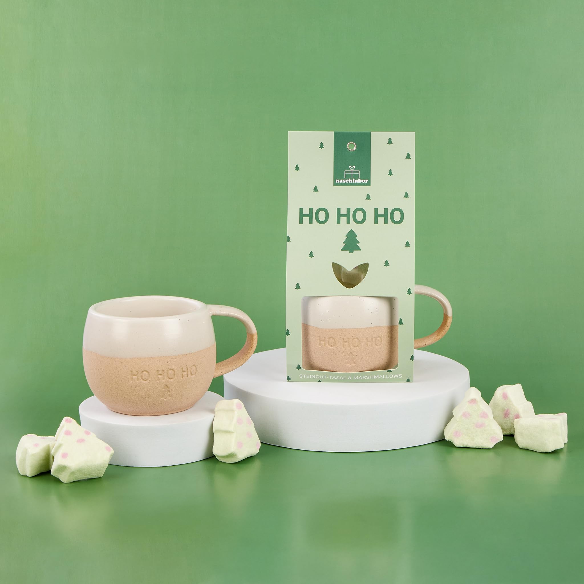 6er Set Ho Ho Ho mit Tasse und Marshmallows in Tannenbaum-Form | Weihnachtliche Idee für Familie, Freunde & Kollegen | Süßes Mitbringsel für Advent & Weihnachten | Perfekt zum Dekorieren, Genießen