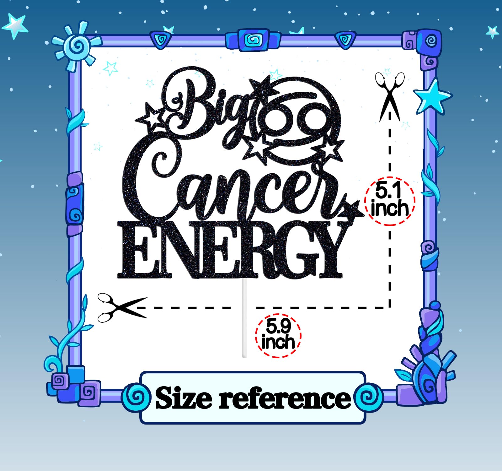 Big Cancer Energy Cake Topper, Happy Birthday Cake Decor in June/July, Cancer Season, 12 Constellation Funny Horoscope Zodiac Birthday Party Decorations Supplies, Black Glitter