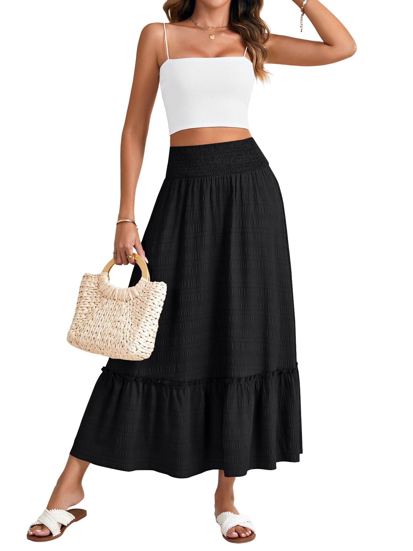 Umenlele Womens Ruffle Shirred High Waist A Line Flowy Swing Elegant Long Skirts