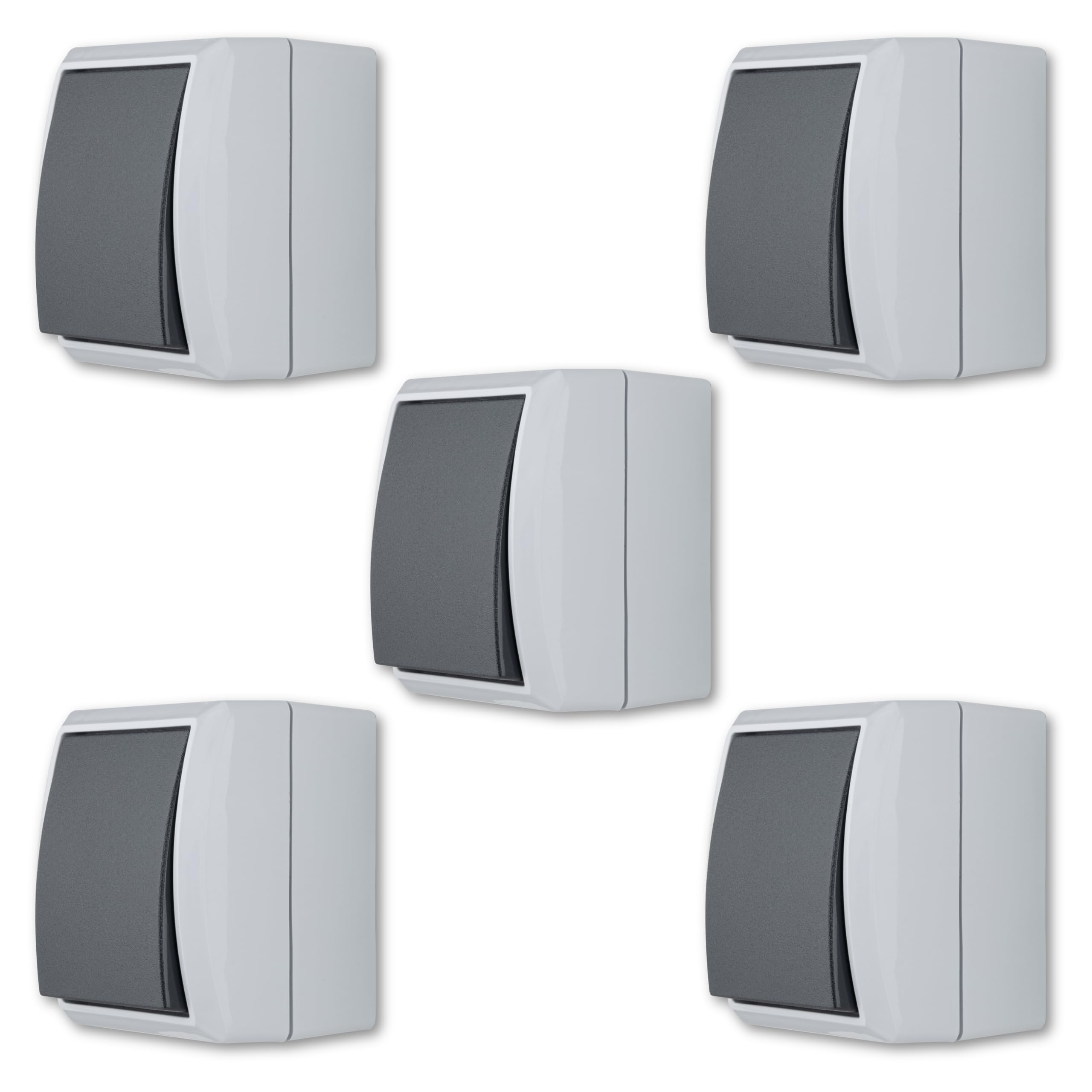 REV AquaForm Economy Set - 5 x Buttons - Rocker Switch, Wet Room IP44, Surface-Mounted Push Switch, Grey