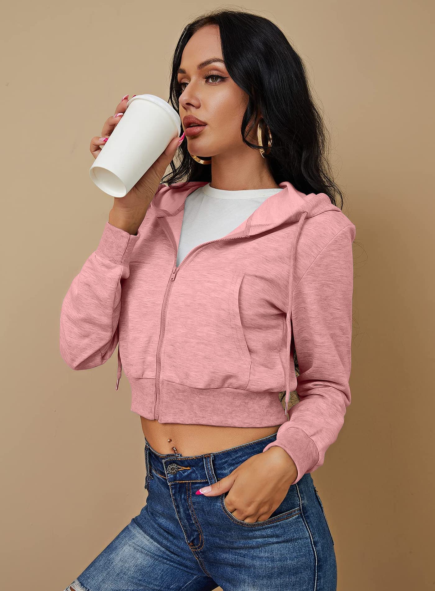 Sudadera Corta con Capucha para Mujer, con Cremallera, con cordón, Informal, Manga Larga