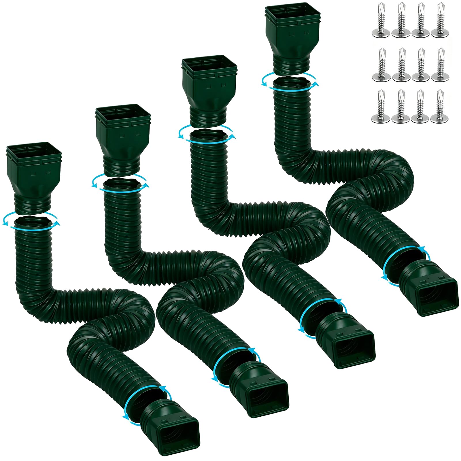 4 Pack Gutter Downspout Extensions for Rainwater Drainage, 4” Diameter Thickened Flexible Downspout Extender Extendable from 21" to 67"(Green)