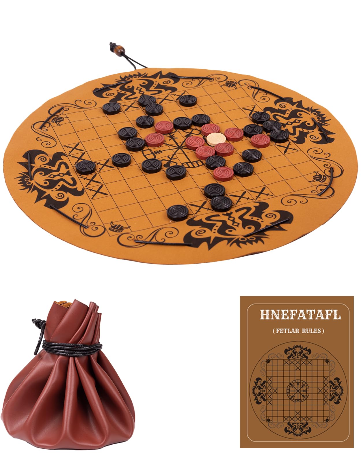 Hnefatafl- Viking Chess Set,Traditional Two-Player Board Strategy Game,Leather Play Mat,Wooden Chess Pieces,Drawstring Design,Easy for Store & Travel,Great Gift for Vintage Game Lovers