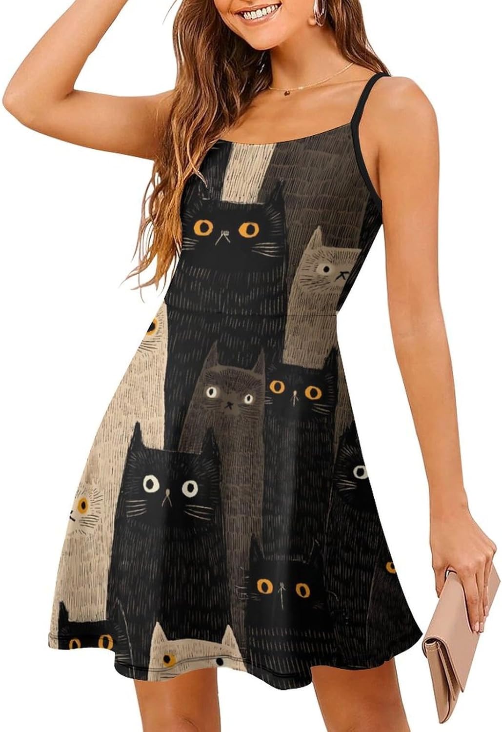 Suspicious Cats Short Cami Dress for Women Adjustable Spaghetti Strap Flowy Sundress Beach Vacation