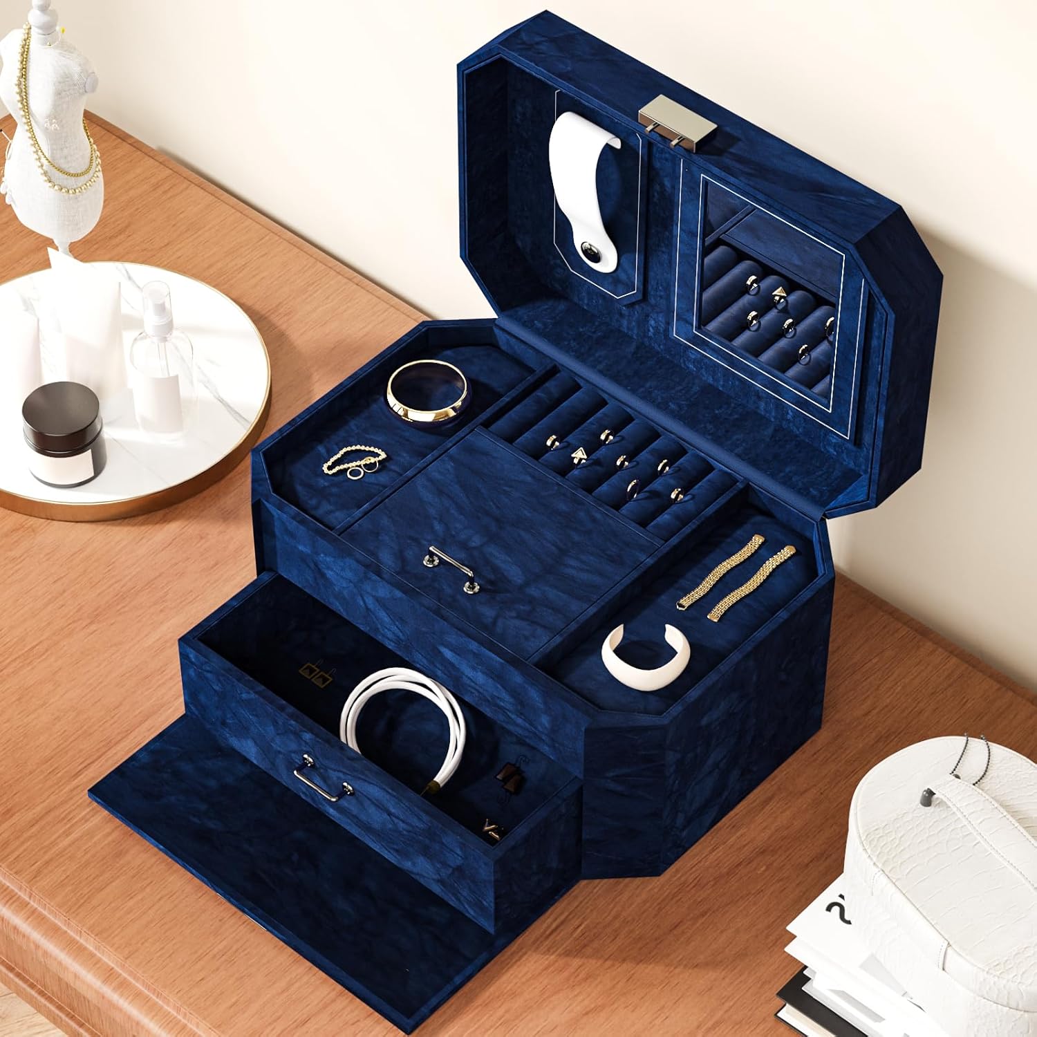 15.7"x472" Dark Blue Velvet Fabric Wallpaper Roll Self Adhesive Felt Drawer Liner for Dressers Jewelry Box Cabinet Shelf Liner Soft Crushed Textured Velvet Contact Paper for Bedroom Wall