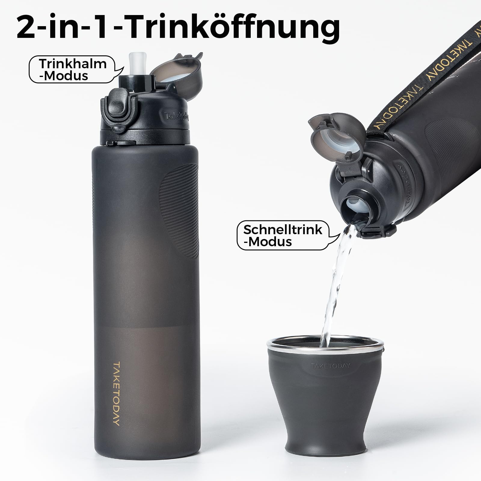 TakeToday Faltbare Trinkflasche 1000ml, Zusammenklappbare Trinkflasche, BPA-frei, aus Silikon, auslaufsicher – ideal zum Wandern, für internationale Reisen & Outdoor-Aktivitäten, Schwarz