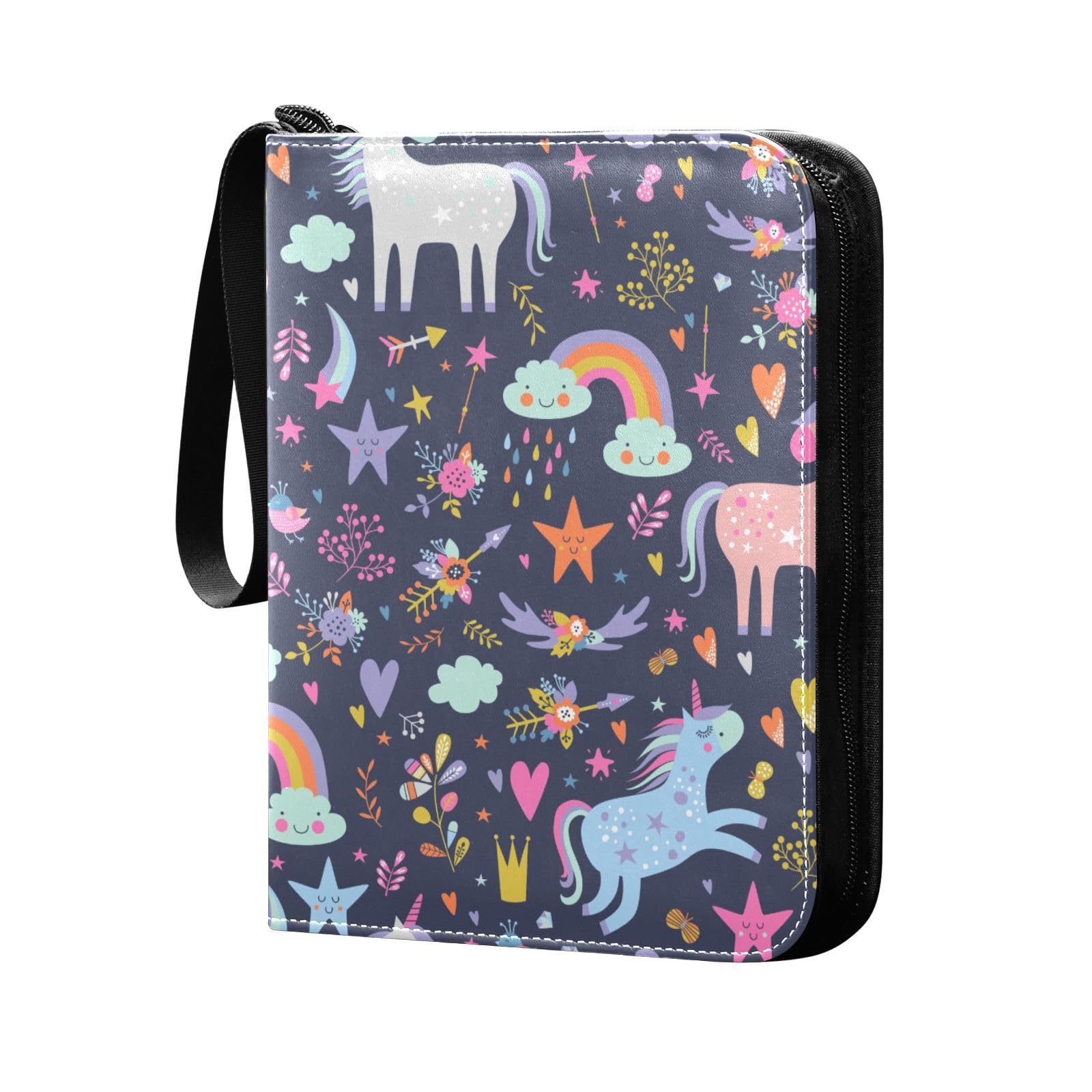 Unicorns 4 Pockets Trading Card Album Folder for Cards PU Cover Zip Card Binder with 400 Side Loading Pockets Card Collection Binder for Collectible Boys Girls Game Sports Cards MTG TCG