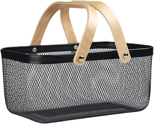 Metal Mesh Steel Basket, Mesh Steel Storage Organizer Basket with Bamboo Handle, Hollow Hanging Baskets For Kitchen Bathroom Picnic Shopping, 1 Pcs (Black)