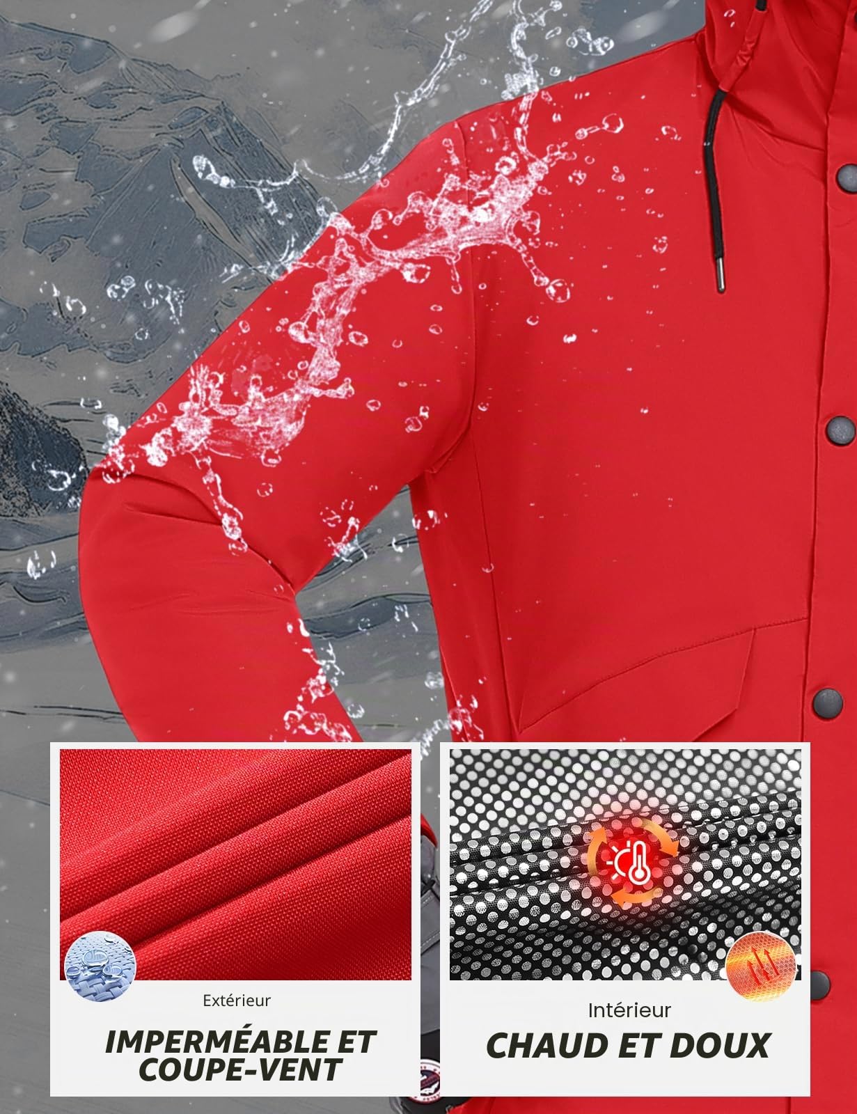 Voqeen Veste de Ski Imperméable Hiver Homme Manteau Chaud avec Capuche Amovible Manteaux Coupe-Vent avec Multi Poches de Randonnée