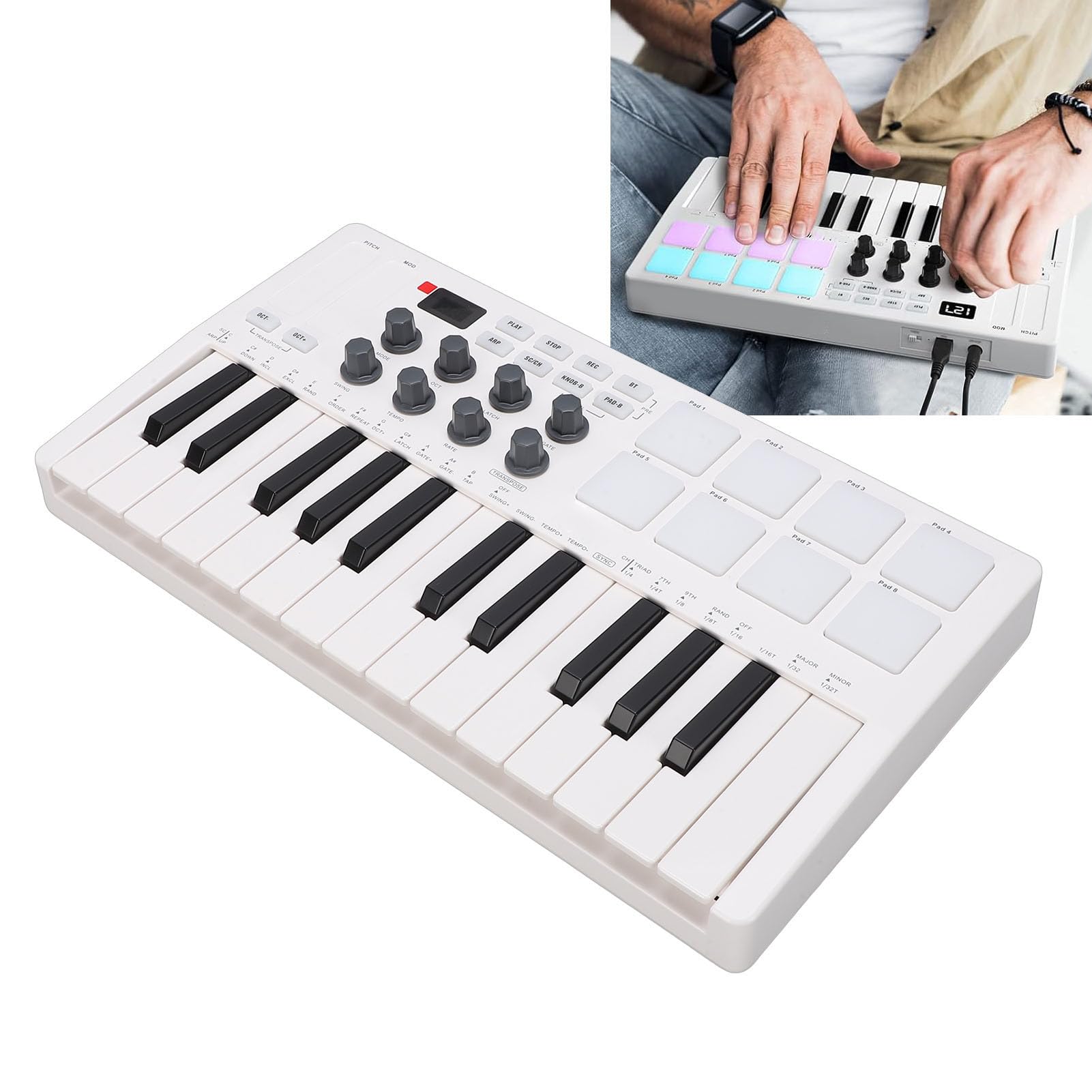 Asixxsix Controller Tastiera MIDI 25 Tasti, Mini Macchina Beat Maker Portatile Wireless Bluetooth con 8 Pad per Batteria Retroilluminati 8 Manopole 2 Touch Strip Capacitivi