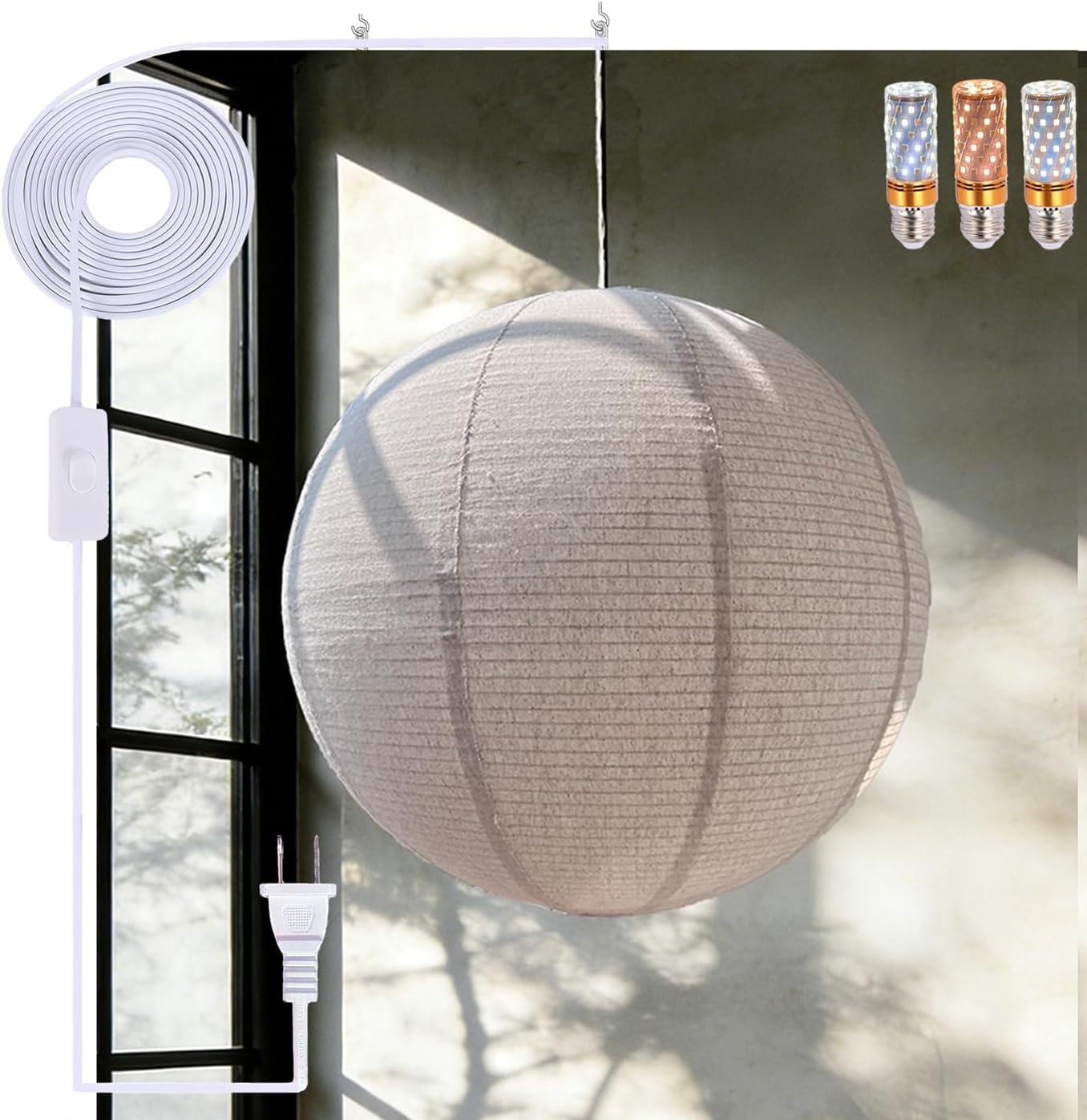 Large Plug in Linen Pendant Light 20 Inch Round Paper Lantern 14.7FT Cord & E26 LED Bulb Handcrafted Minimalist Decor for Bedroom, Living Room, Corner